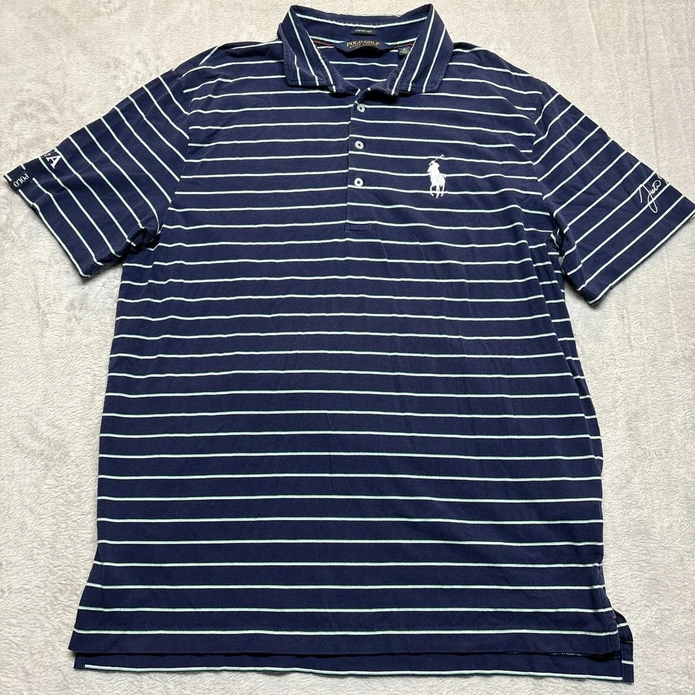 Ralph Lauren Polo Golf Shirt Mens L‎ Justin Thomas Big Pony AJGA Striped Blue